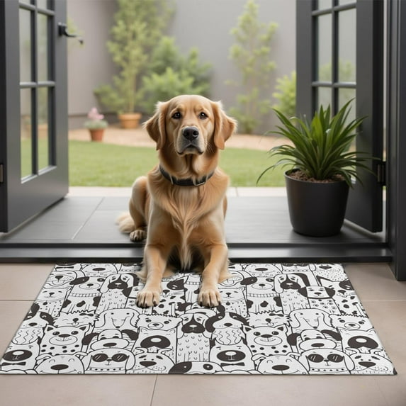 Cute Black and White Cartoon Line Drawing Dog Door Rugs,Washable Non Slip Door Mats Indoor,Decorative Door Mats,Entry Mat Indoor for Entrance,Bedroom,Kitchen,Bathroom,20"x32"