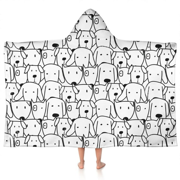 Cute Black and White Cartoon Line Drawing Dog Hooded Bath Towel,50"x30" for Ages 3 To 12 Kids, Quick Dry Lightweight Soft Microfiber Hood Beach Towel Cover Up for Kids