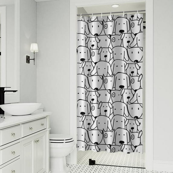 Cute Black and White Cartoon Line Drawing Dog Shower Curtain 36"x72" ,Bathroom Decorative Shower Curtains Set with 12 Hooks,Modern Waterproof Washable Shower Curtain