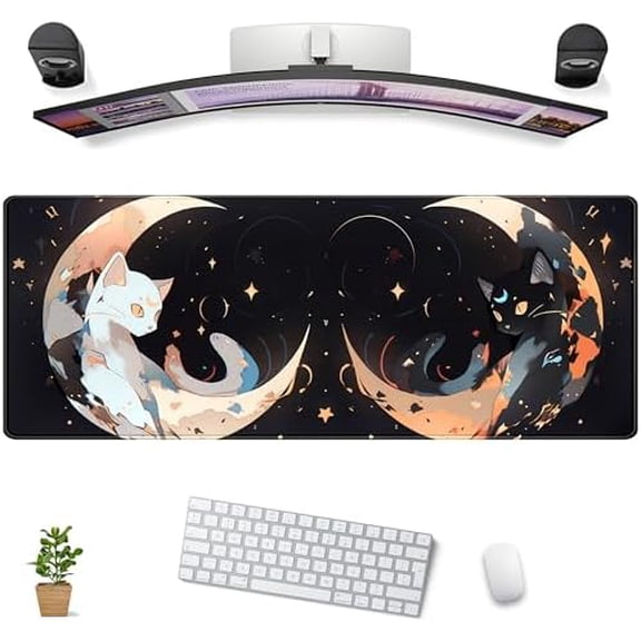 Cute Black White Cats Desk Mat Anime Cat Mouse Pad Kawaii Moon Desk Pad XL Large Extended Mousepad Desk Matt for Desktop, Computer Keyboard Mouse Mat for Women Office Decor Accessories 31.5x11.8 in