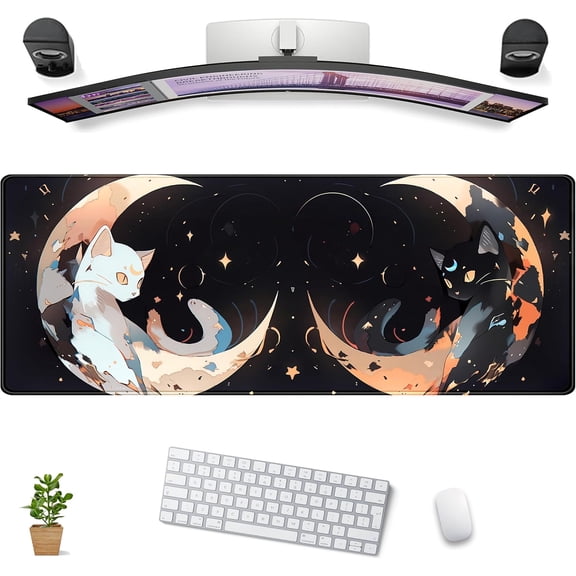 Cute Black White Cats Desk Mat Anime Cat Mouse Pad Kawaii Moon Desk Pad XL Large Extended Mousepad Desk Matt for Desktop, Computer Keyboard Mouse Mat for Women Office Decor Accessories 31.5x11.8 in