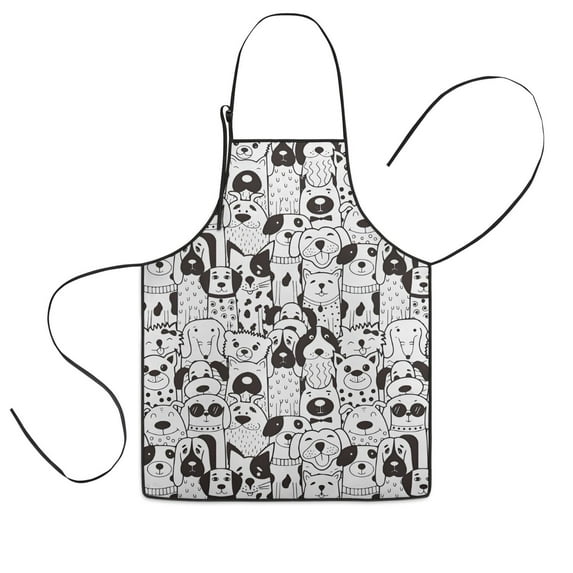 Cute Black and White Cartoon Line Drawing Dog Kids Aprons for Girls and Boys,Adjustable Neck Strap Toddler Aprons for Kids Cooking Baking