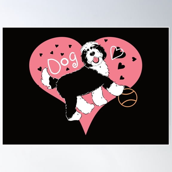 Cute Black and White Sheepadoodle Dog Poster, 8x12 UNFRAMED
