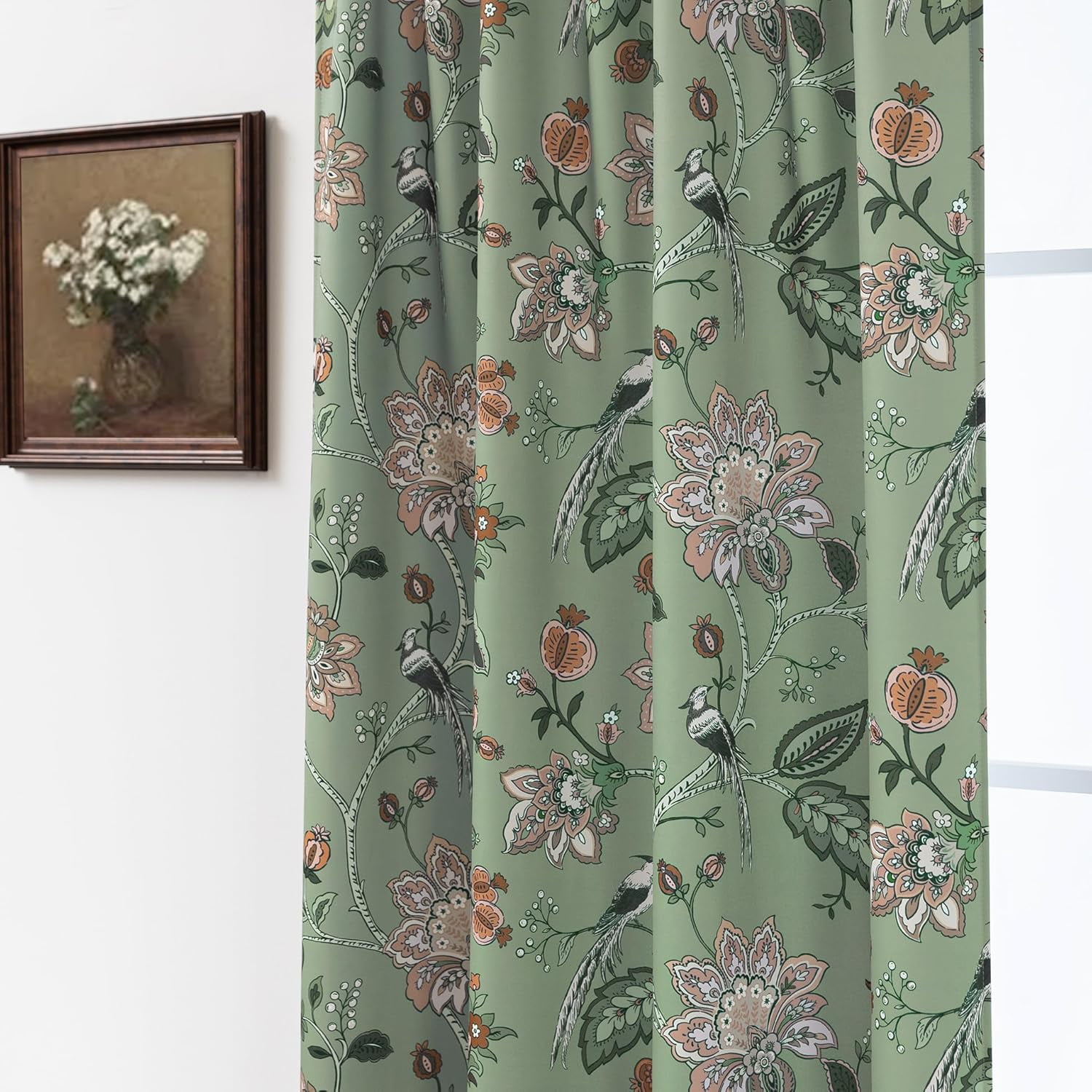 Cute Blackout Curtains 63 Inch Long for Bedroom,70% Black Out Room Darkening Rod Pocket Vintage Boho Floral Pattern Sage Green Coral Fruit Plant Vine Curtains for Living Room 63 in Length 2 Panel Set