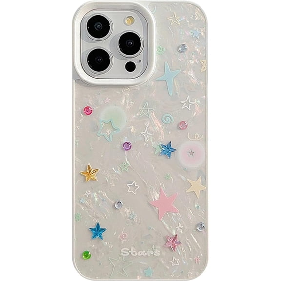 Cute Bling Shell Pattern Colorful 3D Stars Diamond White Phone Case Compatible with iPhone Case (White, for iPhone 12)