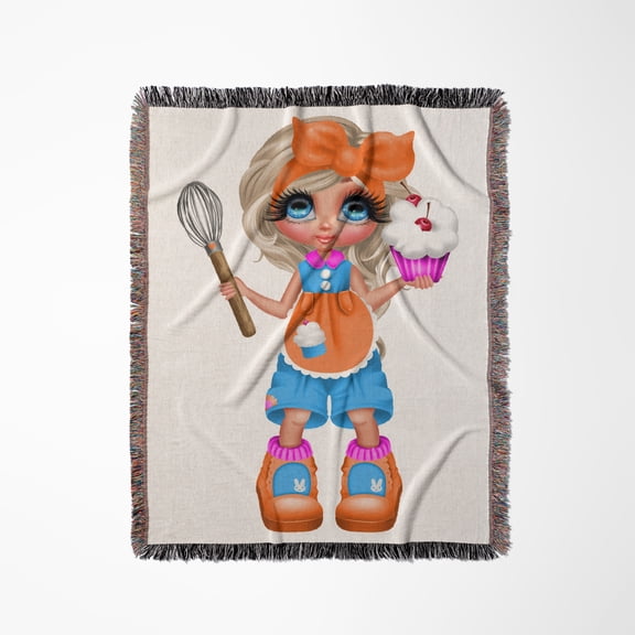 Cute Blonde Baking Girl Illustration With Cupcake, Woven Blanket