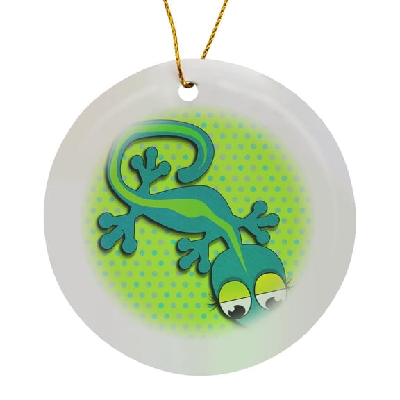 3drose, Cute Blue and Green Gecko Lizard with Polka Dot Background Animal Cartoon, Circle Porcelain Ornament