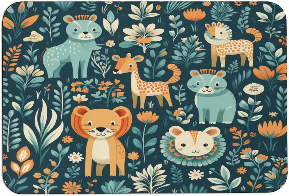 Cute Blue Animals Jungle Pattern Bathroom Mats Water Absorbing Non Skid ...