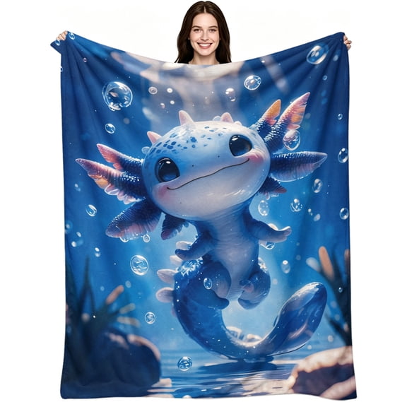 Cute Blue Axolotl Underwater Bubbles Print, Soft Warm Flannel Fleece, Aesthetic Kawaii Cartoon, Throw Blanket, Cozy Warm, Home Decor, Couch Sofa Bed Sleep