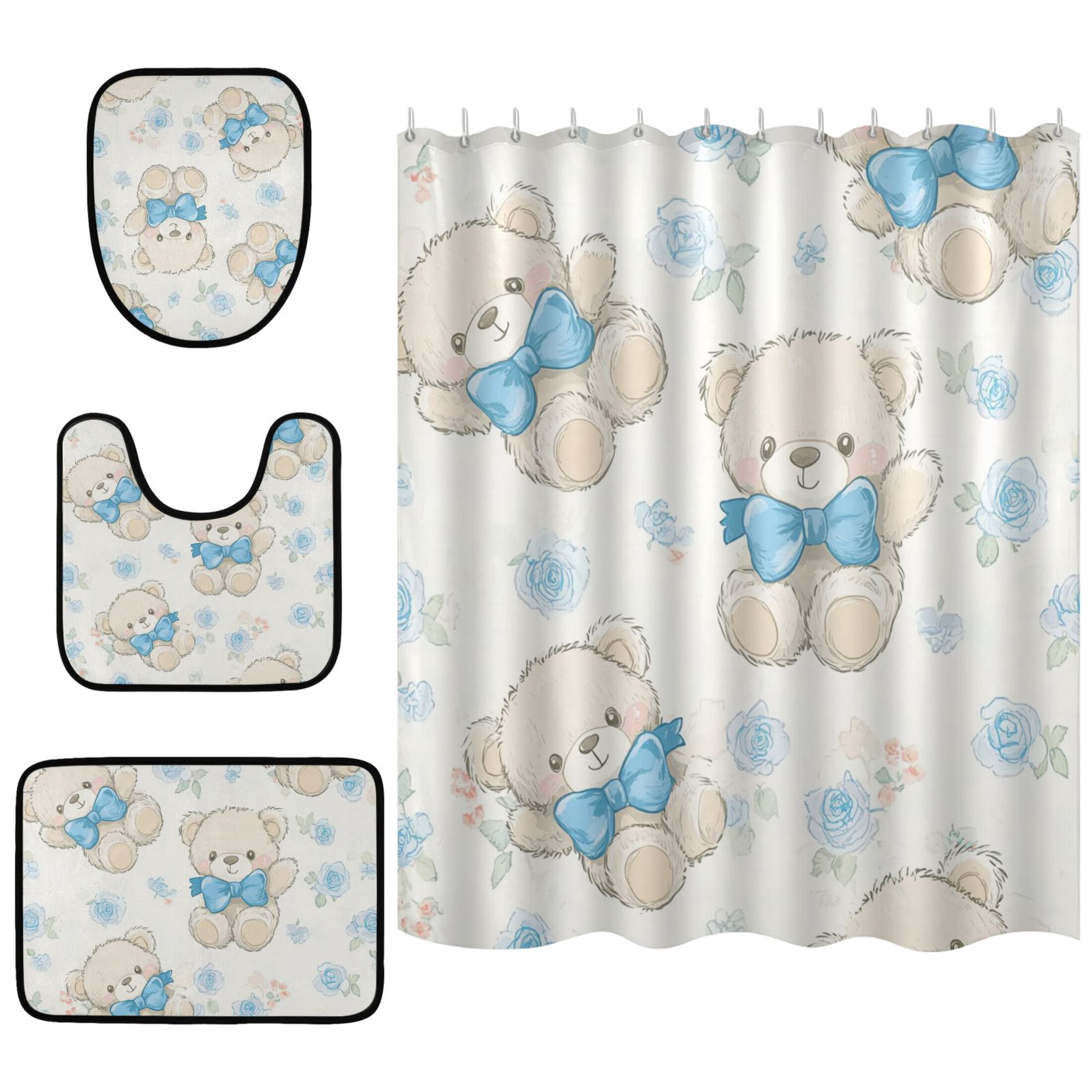 Cute Blue Bears 4 Pcs Bathroom Shower Curtain Set with Rugs Bath Mat U ...