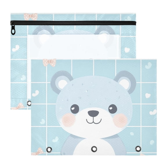 Cute Blue Bears Plaids Bowknots 3-Ring Binder Pouches A4 Size Zipper Pocket File Storage 2 Packs