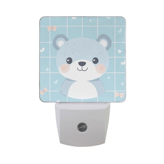 Cute Blue Bears Plaids Bowknots LED Night Light with Smart Sensor Plug Into Wall Dusk to Dawn 2 packs