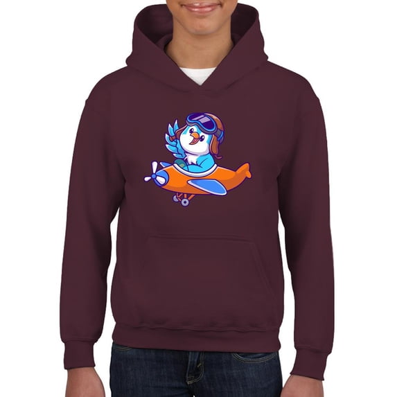 Cute Blue Bird Riding Airplane Hoodie Juniors -Image by Shutterstock, Large
