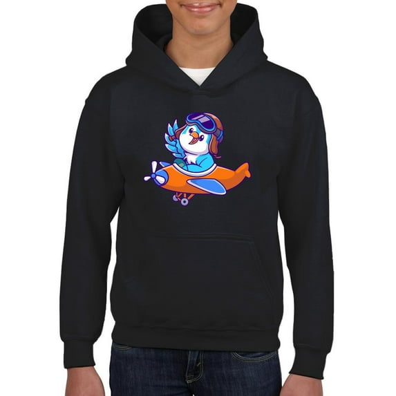 Cute Blue Bird Riding Airplane Hoodie Juniors -Image by Shutterstock, Small
