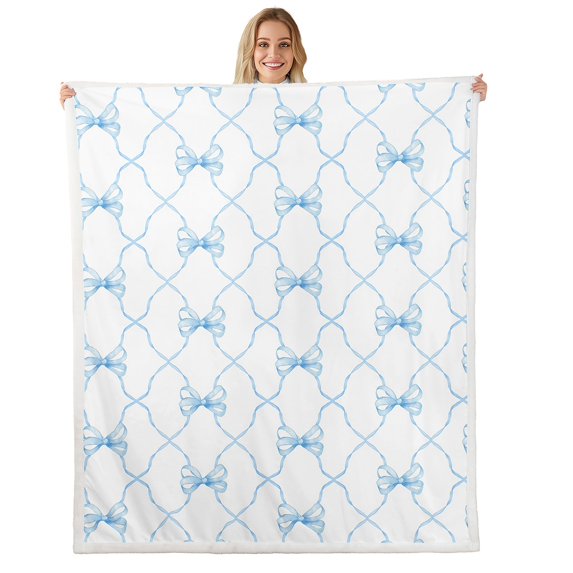 Cute Blue Bow 30"X40" Fleece Blankets Bed,Kawaii Dreamy Princess Bowknot Sherpa Blanket,Geometric Check Bow Tie Throw Blanket Watercolor Blue White Bow Fuzzy Blanket