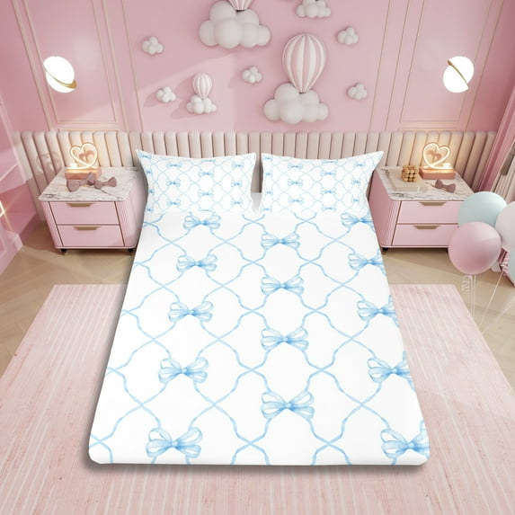 Cute Blue Bow Full Bedding Sets,Kawaii Dreamy Princess Bowknot Sheet Set,Geometric Check Bow Tie Bed Sheets Watercolor Blue White Bow 1 Fitted Sheet 1 Flat Sheet