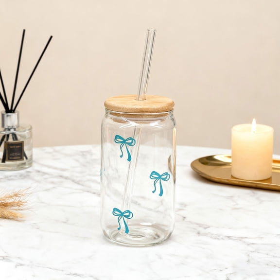 Cute Blue Bow Glass Cups with Lids & Straws Iced Coffee Cup Girly Preppy Design Tumbler Mug Birthday Valentines Christmas Gifts Trendy Stuff 16oz