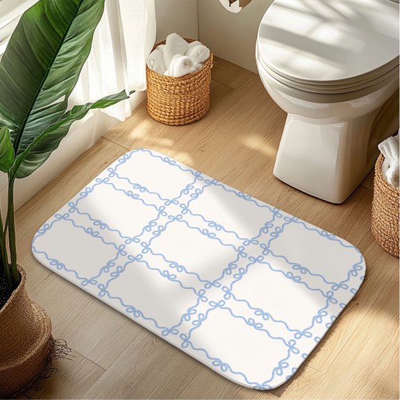 Cute Blue Bow Plush Flannel Bath Rug 16x24 Inches, Quick Dry Absorbent Non Slip Mat for Bathroom Sink Tub
