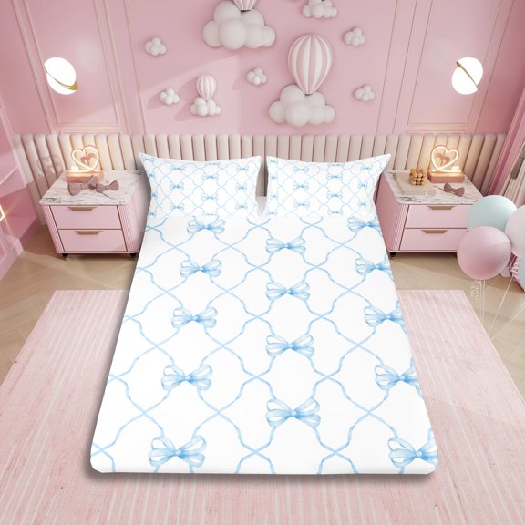 Cute Blue Bow Twin Bedding Sets,Kawaii Dreamy Princess Bowknot Sheet Set,Geometric Check Bow Tie Bed Sheets Watercolor Blue White Bow 1 Fitted Sheet 1 Flat Sheet