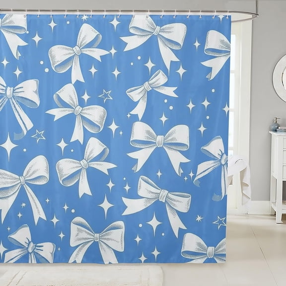 Cute Blue Bowknot Fabric Shower Curtain White Bowknot for Adult Kids Star Pattern Bathroom Waterproof Accessories with Hooks Shower Curtain Blue White Curtains 70"W x 72"L (Pack of 1)