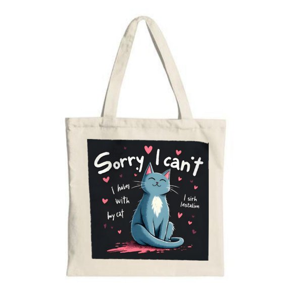 Cute Blue Cat Tote Bag - Cartoon Design with Hearts Perfect for Shopping Travel & Parties - Multifunctional Canvas Bag