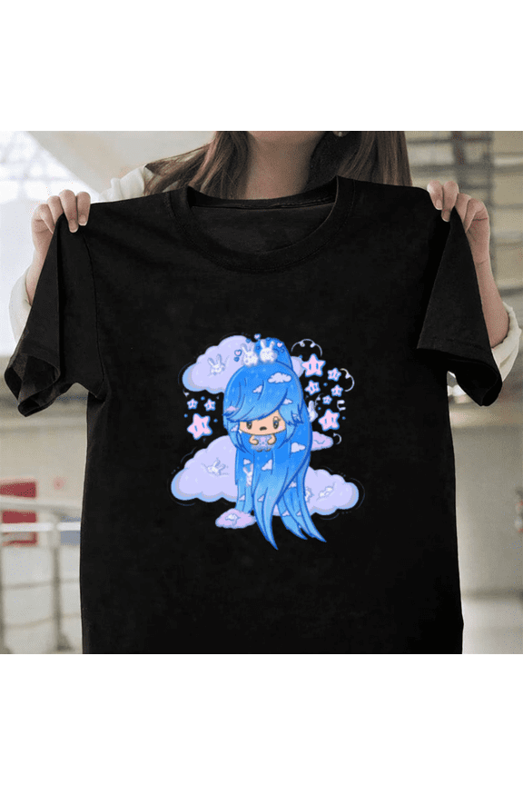 Cute Blue Cloud Bubble Head Girl In Kawaii Style Pastel Anime Unisex T-Shirt, up to size 3XL.