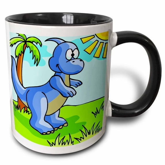 3drose, Cute Blue Dino Dinosaur Cartoon Scene, 11oz Two-tone Black Mug