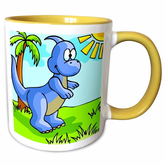 3drose, Cute Blue Dino Dinosaur Cartoon Scene, 11oz Two-tone Yellow Mug