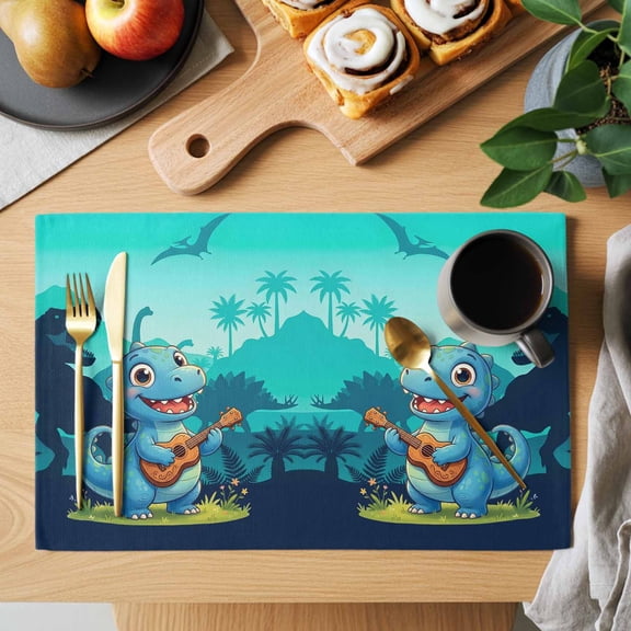 Cute Blue Dinosaur Placemats Set of 1, Tree Silhouette Ukulele Mountain Flower Heat Insulated Linen Place Mats, Washable Stain-Proof Table Mats for Dining Tables Holiday Decor 13x19 Inches