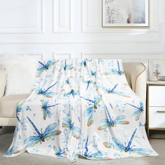 Cute Blue Dragonfly Flannel Blanket 50x60 Inches - Soft Cozy Throw for Women, Girls, Adults, Family - Perfect Gift for Dragonfly Lovers, Ideal for Sofa, Travel, Camping & Hair Protection