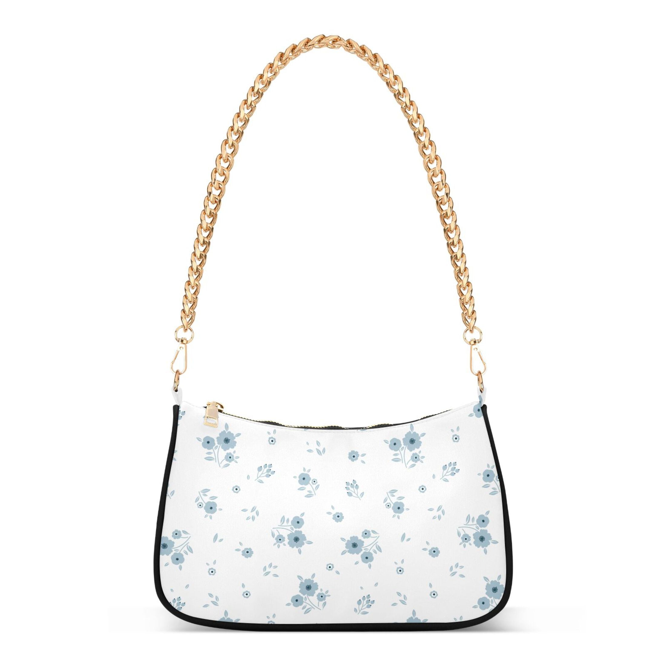 Cute Blue Floral Small Flower Womens Chain Shoulder Bag Tote Handbag Clutch Hobo Purse with Zipper for Travel Casual
