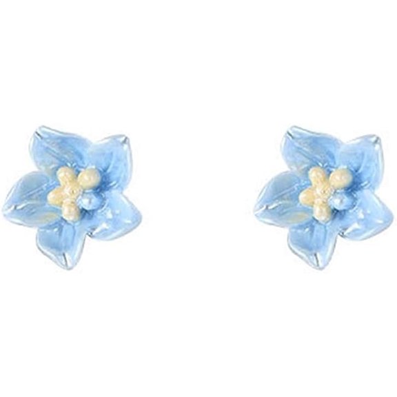 Cute Blue Flower Stud Earrings for Women 925 Sterling Silver Hypoallergenic Piercing Ear Bohemian Resin Plumeria Camellia Cherry Daisy Cartilage Tragus Post Dainty Birthday Holiday Beach Jewelry