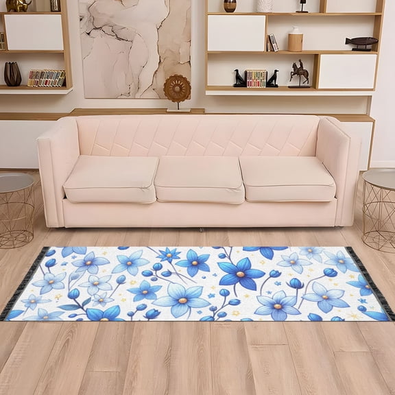 Cute Blue Flowers Runner Rug Non-Slip Area Rugs Linen Washable Non Shedding for Kitchen Bedroom Carpet