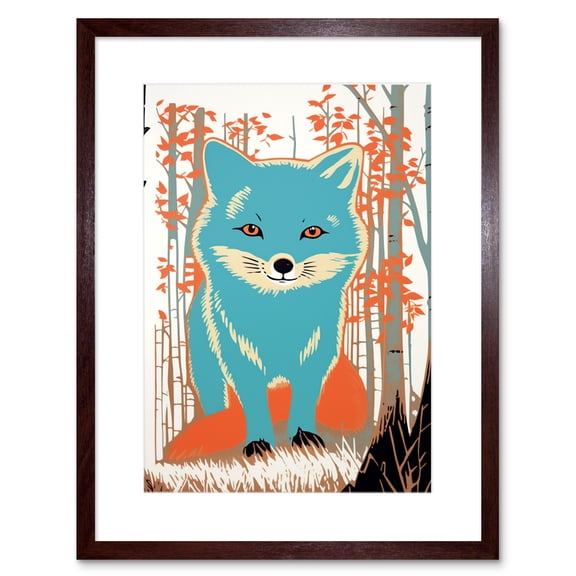 Cute Blue Fox Forest Glade Landscape Bright Woodland Baby Animal Kids Bedroom Artwork Framed Wall Art Print 9X7 Inch
