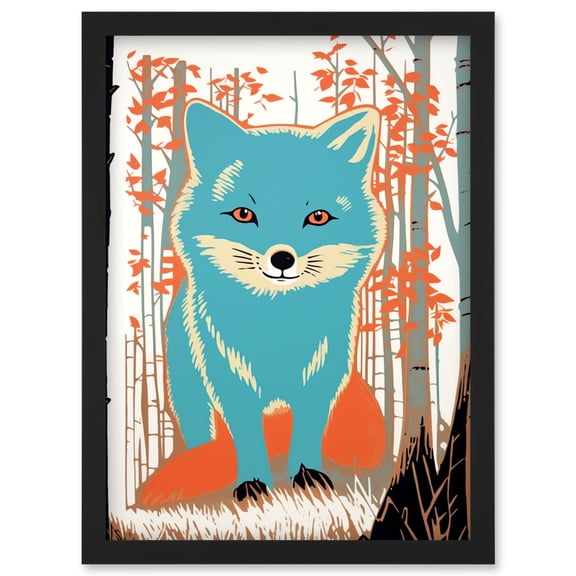 Cute Blue Fox Forest Glade Landscape Bright Woodland Baby Animal Kids Bedroom Artwork Framed Wall Art Print A4