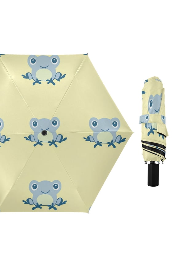 Cute Blue Frogs All Weather Umbrella Triple Folding Parasol 6 Ribs UV Protection Portable