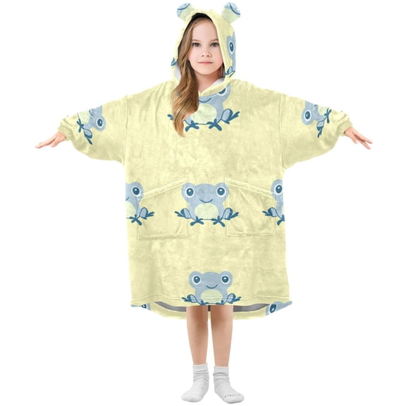 Cute Blue Frogs Flannel Wearable Blankets Hooded Design Long Sleeves Wrap Unisex for 3T-14Y S