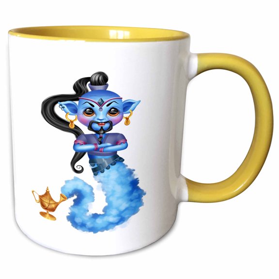 3drose, Cute Blue Genie and His Bottle Illustration, 11oz Two-tone Yellow Mug