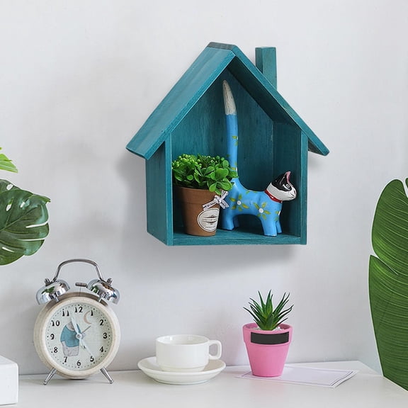 Cute Blue House-Shaped Wall Shelf, Solid Wood Decorative Display for Kids Room & Nursery | Wall Mounted Storage Unit with Rounded Edges, Non-Toxic Finish Blue