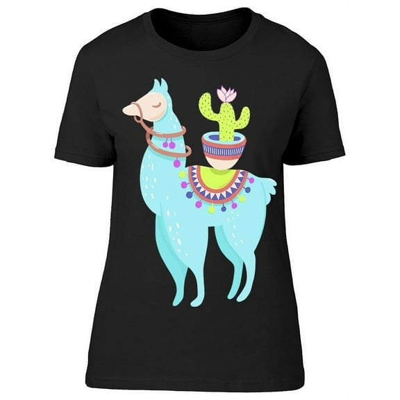 Cute Blue Llama With A Cactus T-Shirt Women -Image by Shutterstock, Female x-Large