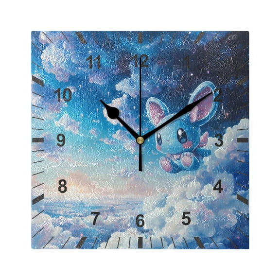 Cute Blue Mouse in Sky Wall Clock Battery Operated Silent Non-Ticking Bedroom Office Kitchen Home School Decor 7.8"(Black)