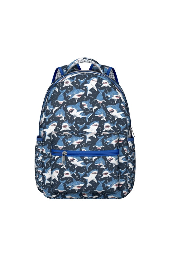 Cute Blue Shark and Dolphin Student Backpack Durable Waterproof Composite Oxford Cloth with Hand Drawn Marine Life Design, Comfortable Adjustable Straps, Perfect for School and Travel