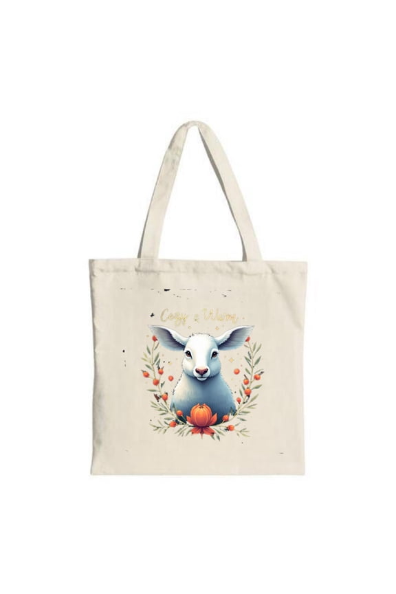 Cute Blue Sheep Tote Bag with Green Leaves & Orange Berries " Easy & Happy " - Perfect Canvas Bag for Shopping Travel & Parties