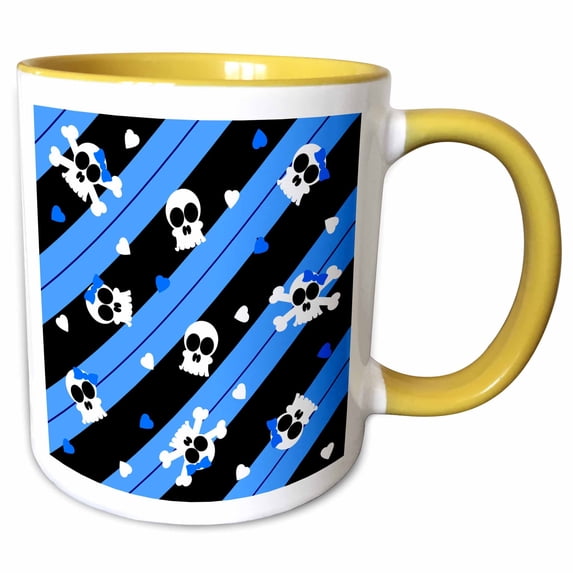3drose, Cute Blue Skull and Hearts Print, 11oz Two-tone Yellow Mug
