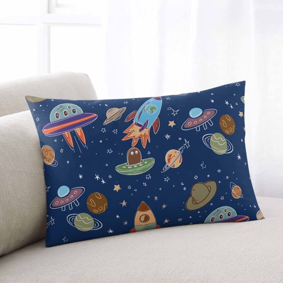 Cute Blue Space Throw Pillow Covers, Star Cartoon Spaceship Planet Soft Breathable Pillow Cases with Invisible Zipper for Sleeping, Toddler Pillowcases for Couch Bed Sofa Chair 12x20 Inches