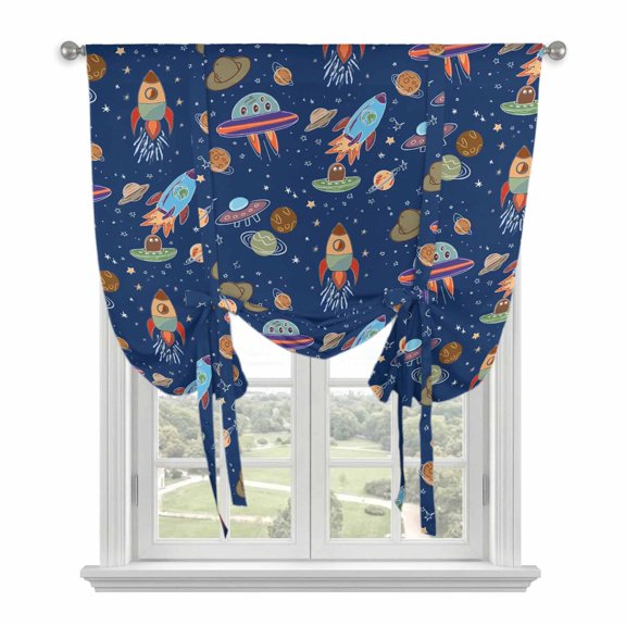 Cute Blue Space Tie Up Curtains for Window, Thermal Insulated Balloon Shade Adjustable Rod Pocket Curtains Valance Panels for Kitchen Bathroom Cafe 34 x 45 Star Cartoon Spaceship Planet