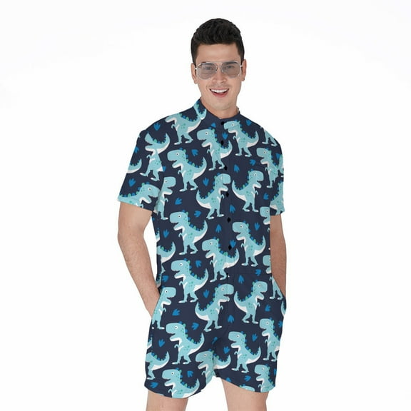 Cute Blue T-Rex Dinosaur Pattern Short Sleeve Men'S Rompers, Dinosaur Casual Summer Jumpsuits Outfit