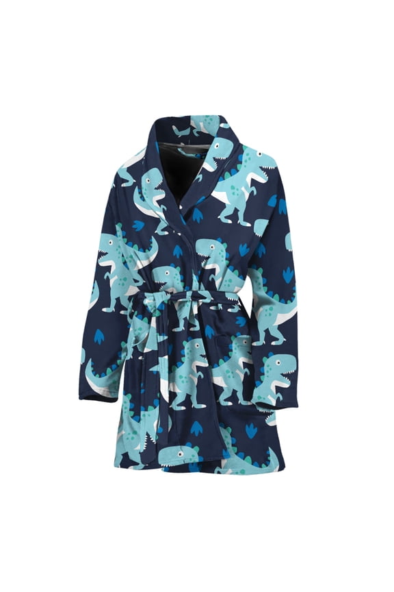 Cute Blue T-Rex Dinosaur Pattern Women Bathrobe One Size Univeral Fits, Dinosaur Fashion Lightweight Plush Fleece Long Robe For Women