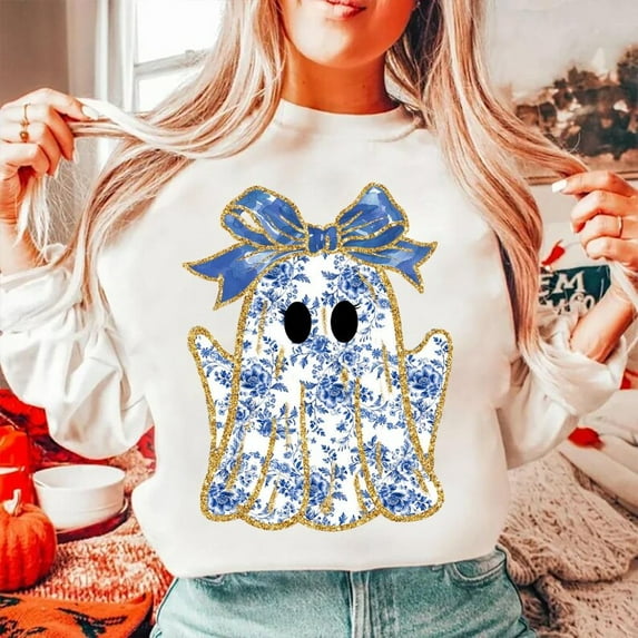 Cute Blue Toile Ghost Sweatshirt, Boujee Coquette Halloween Shirt with Floral Bow, Retro Girly Aesthetic SWEAT Sweatshirt, Feminine Spooky Fall Top BO120740