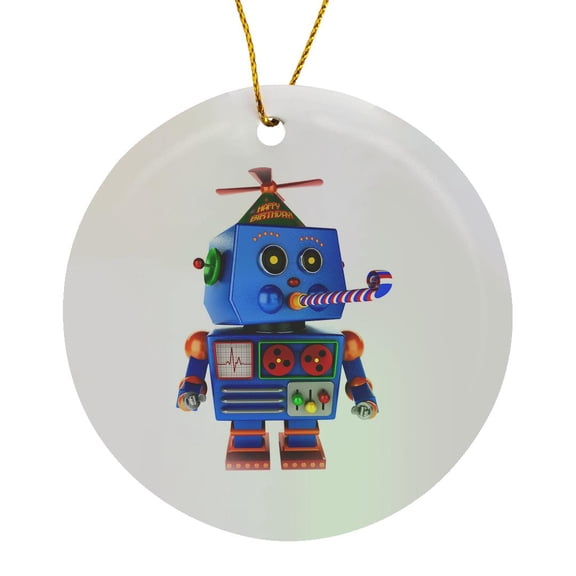 3drose, Cute Blue Toy Robot Celebrating His Birthday, Circle Porcelain Ornament
